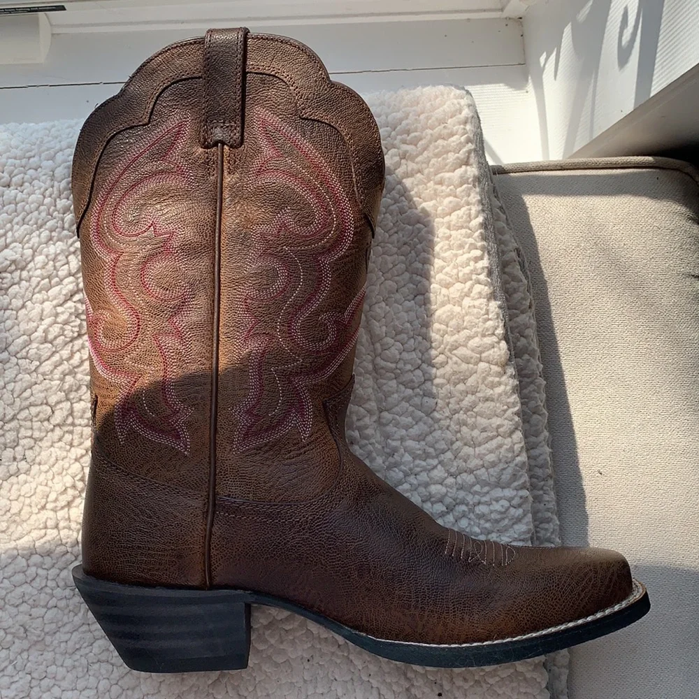 Ariat Brown Leather Western Heeled Boots with Pink Stitching - Picture 4 of 4